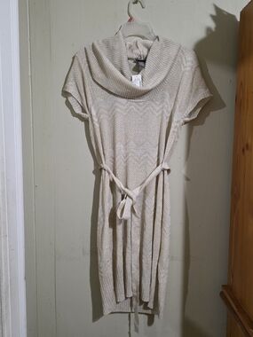 Dots Beige Cream Knit Cowl-Neck Belted Midi Dress New Size M